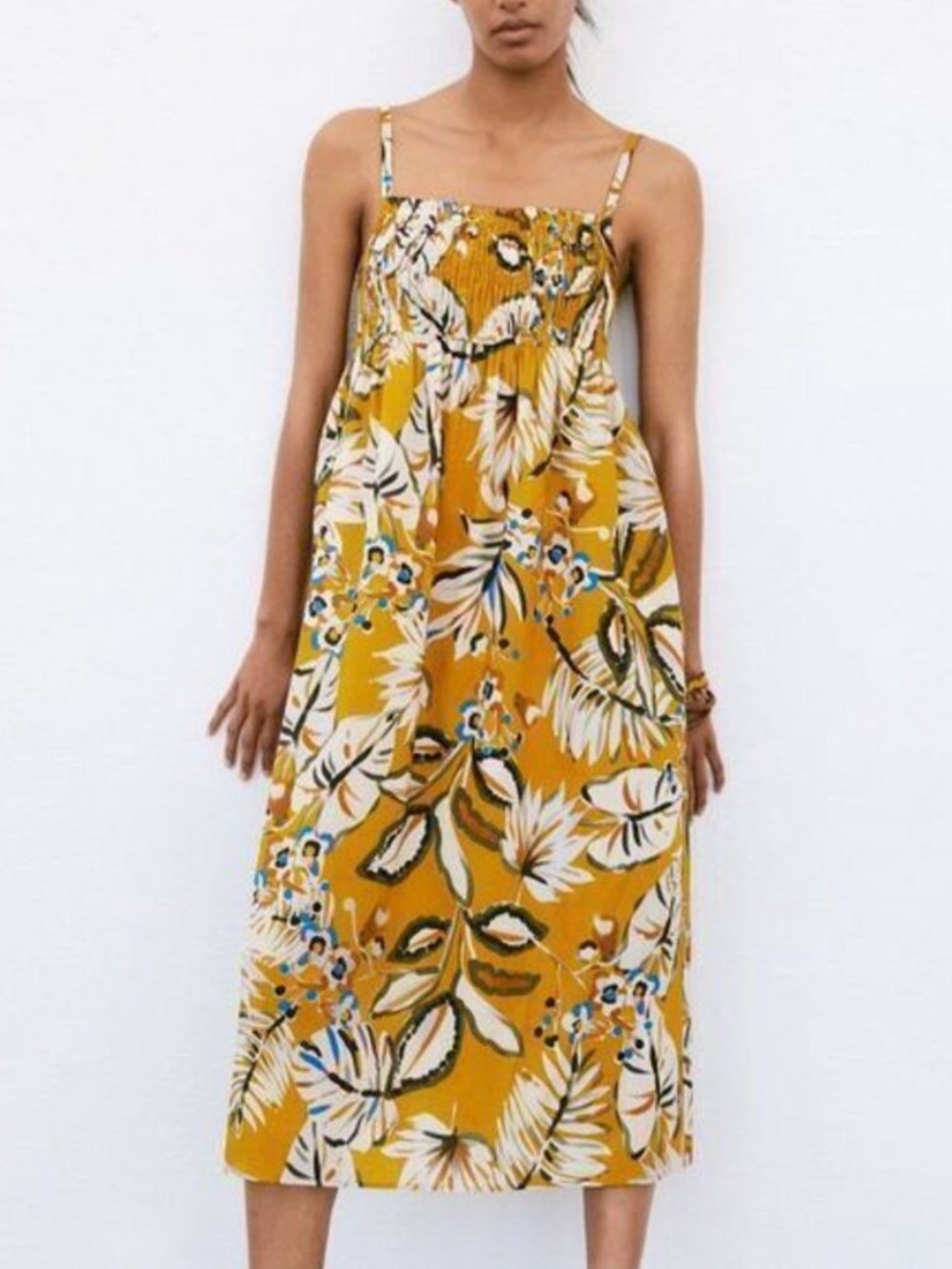 Zara Mustard Floral Maxi Dress with Smocked Bodice